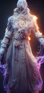 Ethereal cloaked figure with glowing accents in mystical design.