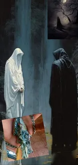 Mysterious cloaked figures in surreal art scene with dark background.