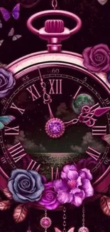 Mystical clock surrounded by butterflies and flowers in a fantasy theme.