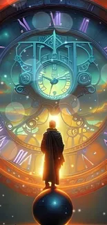 Illustration of a mystical clock in a scenic fantasy setting with vibrant colors.