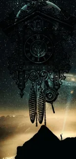 Vintage clock silhouette against a starlit mountain sky in a dark theme wallpaper.