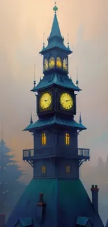 Mystical clock tower with glowing lights in a foggy scene.