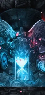 Mystical wallpaper with clocks, wings, and ethereal lights in dark cyan hues.