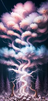 Mystical cloud burst with lighting in forest wallpaper.