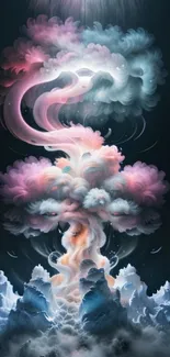 Mystical cloud formation with vibrant hues on a dark backdrop.