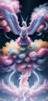 A mystical phoenix rises from vibrant clouds in a fantasy-themed phone wallpaper.