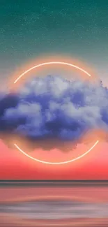 Surreal cloud with neon ring in vibrant sky