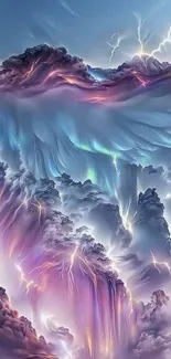 Fantasy cloudscape with vibrant colors and lightning.