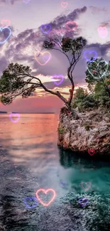 Vibrant sunset over the ocean with heart overlays and a lone tree on rocky cliff.