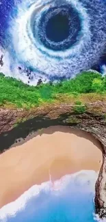 Aerial view of a mystical ocean vortex with beach and greenery.