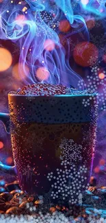 Mystical coffee cup with steam in vibrant colors.