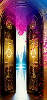 Mystical colorful doorway with vibrant hues and gold accents.