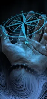 Hand holding a glowing compass on a swirling dark background.