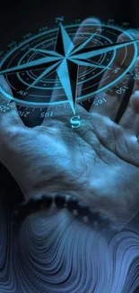 Hand holding a glowing compass on a dark background.