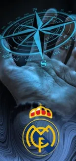 Hand holding a mystical compass with a blue theme.