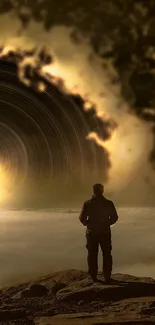 A person stands before a swirling golden vortex in a mystical landscape.