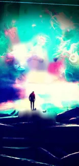 A vibrant cosmic landscape with a lone figure amidst ethereal colors.