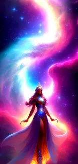 Mystical figure in vibrant cosmic galaxy art wallpaper.