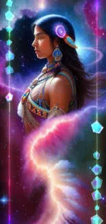 Mystical native figure in cosmic art with vibrant space elements.