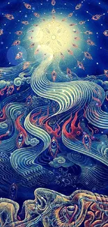 Mystical cosmic art wallpaper with swirling colors and celestial elements.