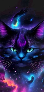 A cosmic cat with vibrant colors in a mystical space setting.