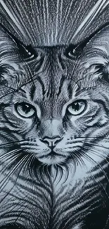 Intricate cosmic-themed cat wallpaper in grayscale for mobile screen.