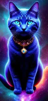 Mystical blue cosmic cat with jewelry in a vibrant galaxy backdrop.