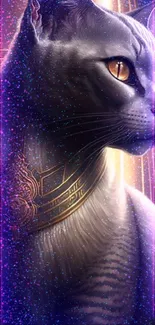 Mystical cosmic cat with glowing purple and gold hues on a phone wallpaper.