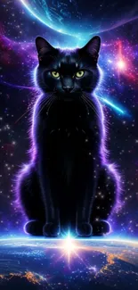 Mystical black cat sitting in a vibrant, cosmic galaxy setting.