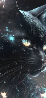 Mystical black cat with cosmic stars and galaxy background.