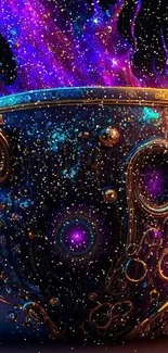 Vibrant cosmic mug with glowing ethereal flames.