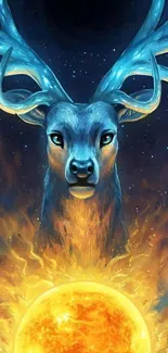 Mystical blue deer with cosmic background and fiery sun.