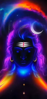 Mystical deity with vibrant cosmic backdrop.