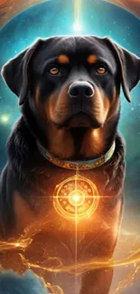 Mystical Rottweiler in cosmic setting.