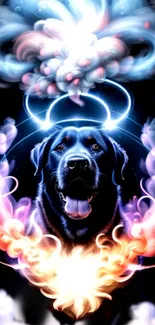 Mystical dog portrait with vibrant cosmic swirls and colorful visual elements.