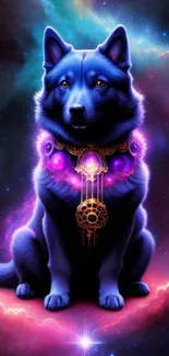 Mystical blue dog in a vibrant cosmic setting for mobile wallpaper.