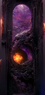 Mystical cosmic doorway with purple swirls and a dark, enchanting design.