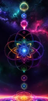 Vibrant cosmic energy art with mystical geometric patterns in space theme.