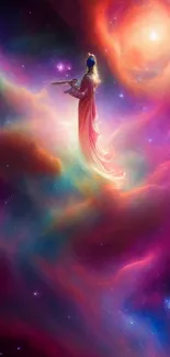 Ethereal figure amidst vibrant cosmic nebula and mystical colors.