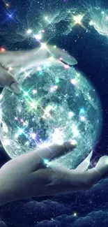 Hands holding a glowing planet against a starry cosmic background.