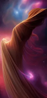 Ethereal figure in flowing fabric amid a colorful cosmic background.