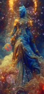 Mystical cosmic figure surrounded by stars and nebulae with deep blue tones.