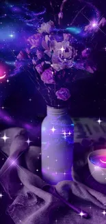 Mystical purple cosmic flowers arrangement with galaxy background.