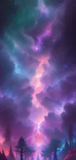 Vibrant cosmic forest scene with purple and blue celestial clouds.