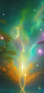 Mystical forest wallpaper with cosmic colors and ethereal light.