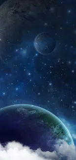 Cosmic wallpaper featuring planets, stars, and a dark blue galaxy scene.