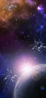 Stunning cosmic wallpaper with planets and vibrant galaxy colors.