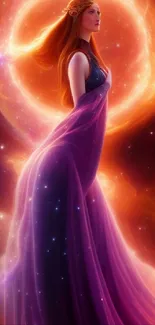 Elegant cosmic goddess with vibrant aura in a mystical space setting.