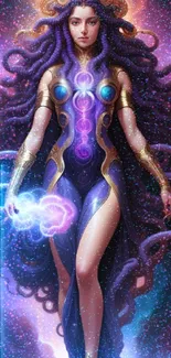 Mystical cosmic goddess in vibrant colors.