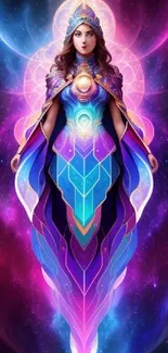 Mystical goddess in vibrant cosmic colors and elegant attire.